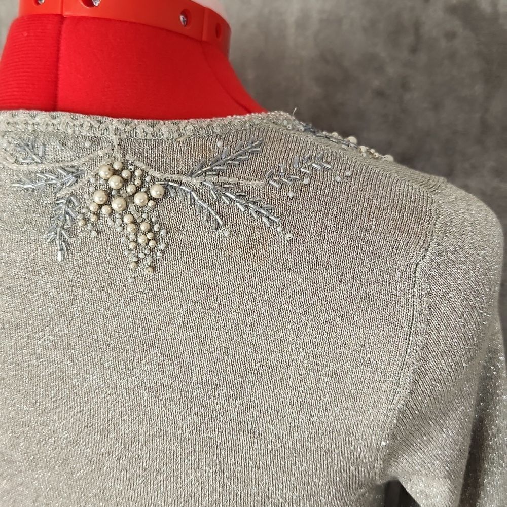 *Ann Taylor Petites Silver Beaded Wrap Sweater Top XSP Metallic Holiday - Picture 7 of 12